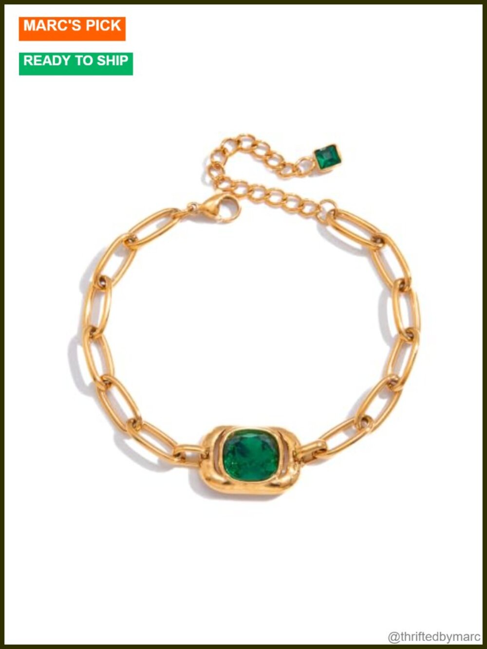 18K Gold Plated Paperclip Chain Bracelet with Green Glass Pendant